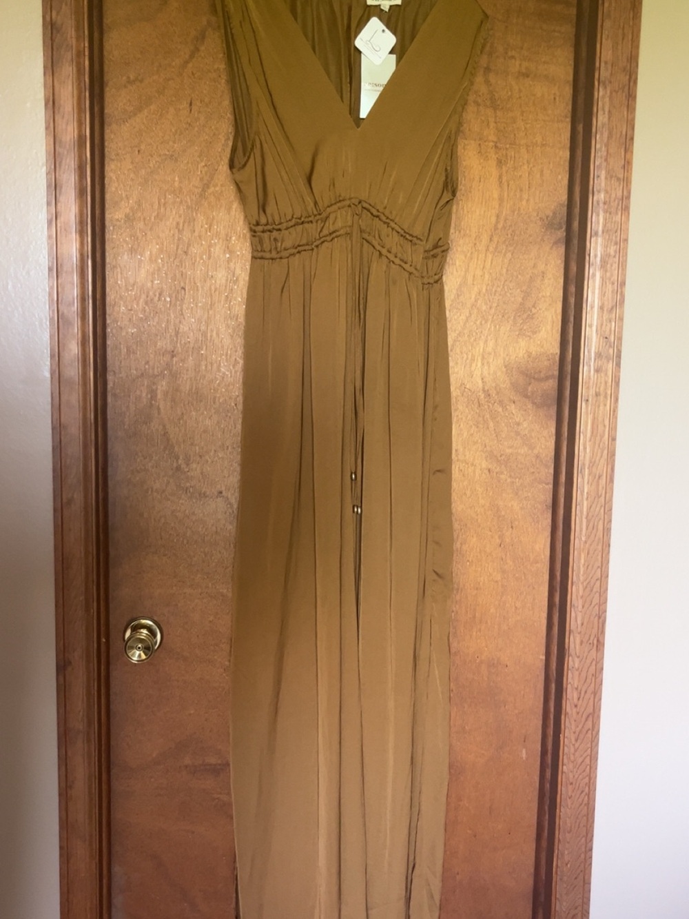 eesome Olive Brown V-Neck Jumpsuit with Gathered Waist